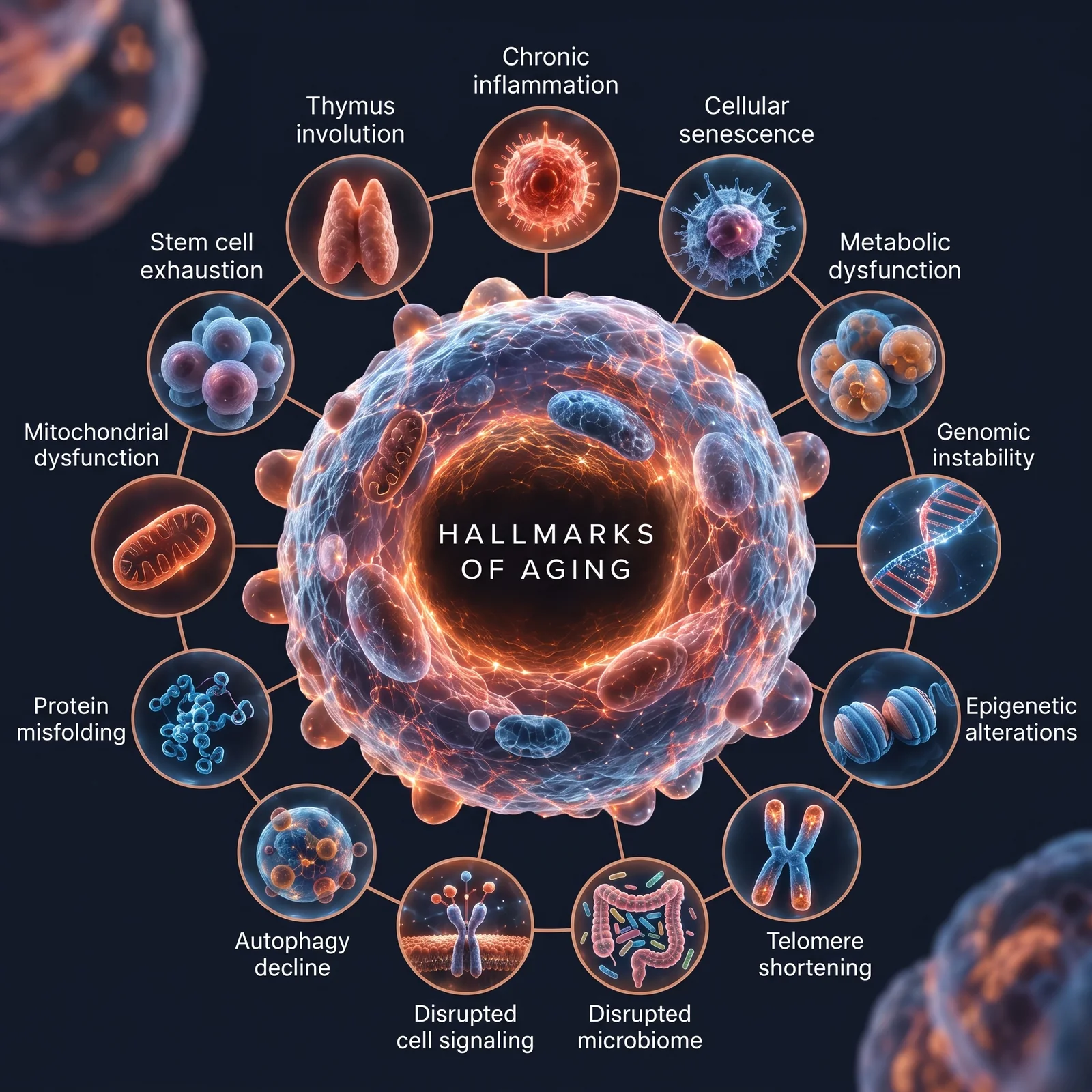 The 13 hallmarks of aging Calibrated Signal examines, arranged around a central cell: Chronic inflammation, Cellular senescence, Metabolic dysfunction, Genomic instability, Epigenetic alterations, Telomere shortening, Disrupted microbiome, Disrupted cell signaling, Autophagy decline, Protein misfolding, Mitochondrial dysfunction, Stem cell exhaustion, Thymus involution.